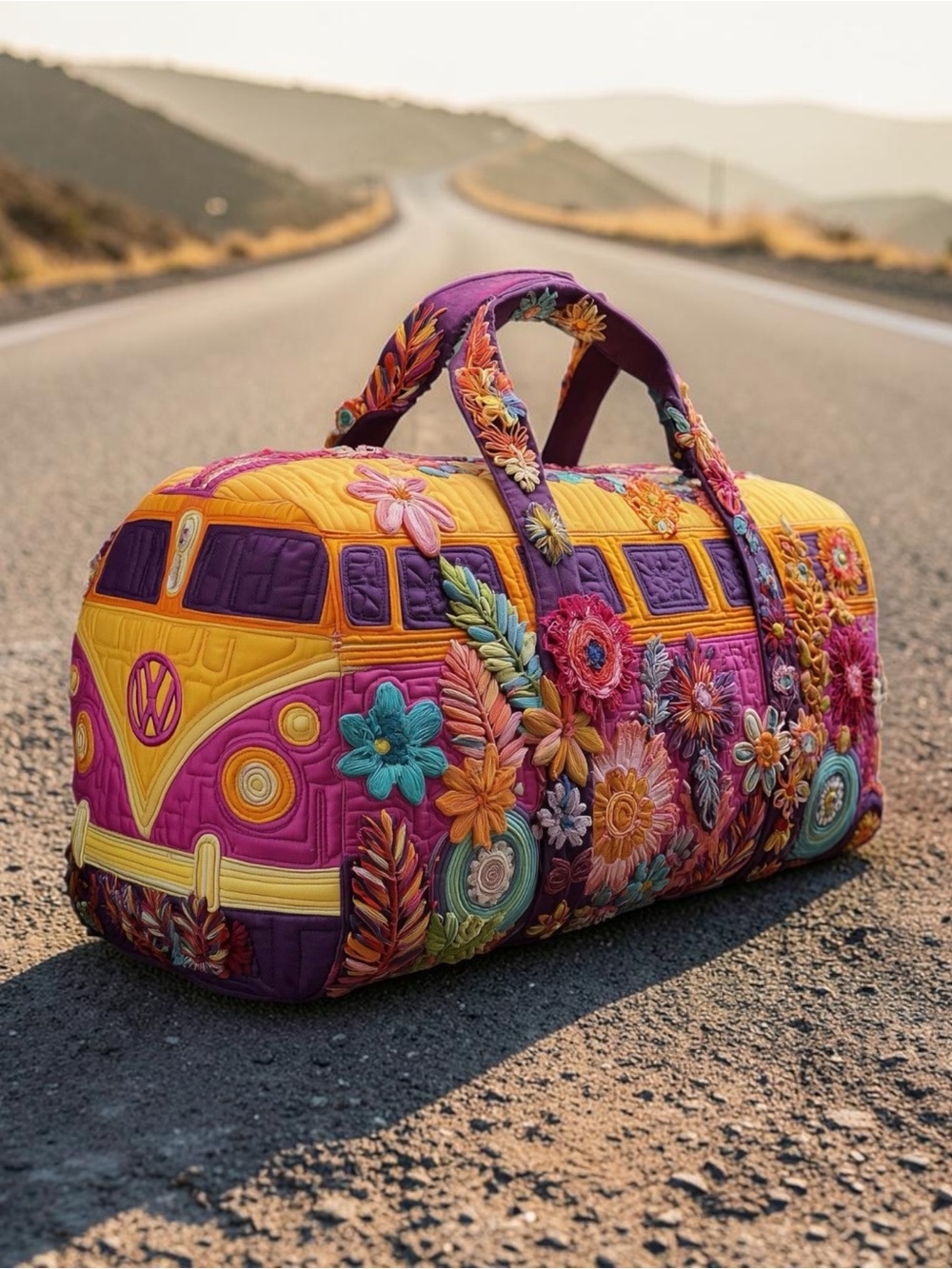 Retro Boho Hippie Van Quilted Duffle Bag Weekender Travel Floral Gym Tote - Picture 4 of 5